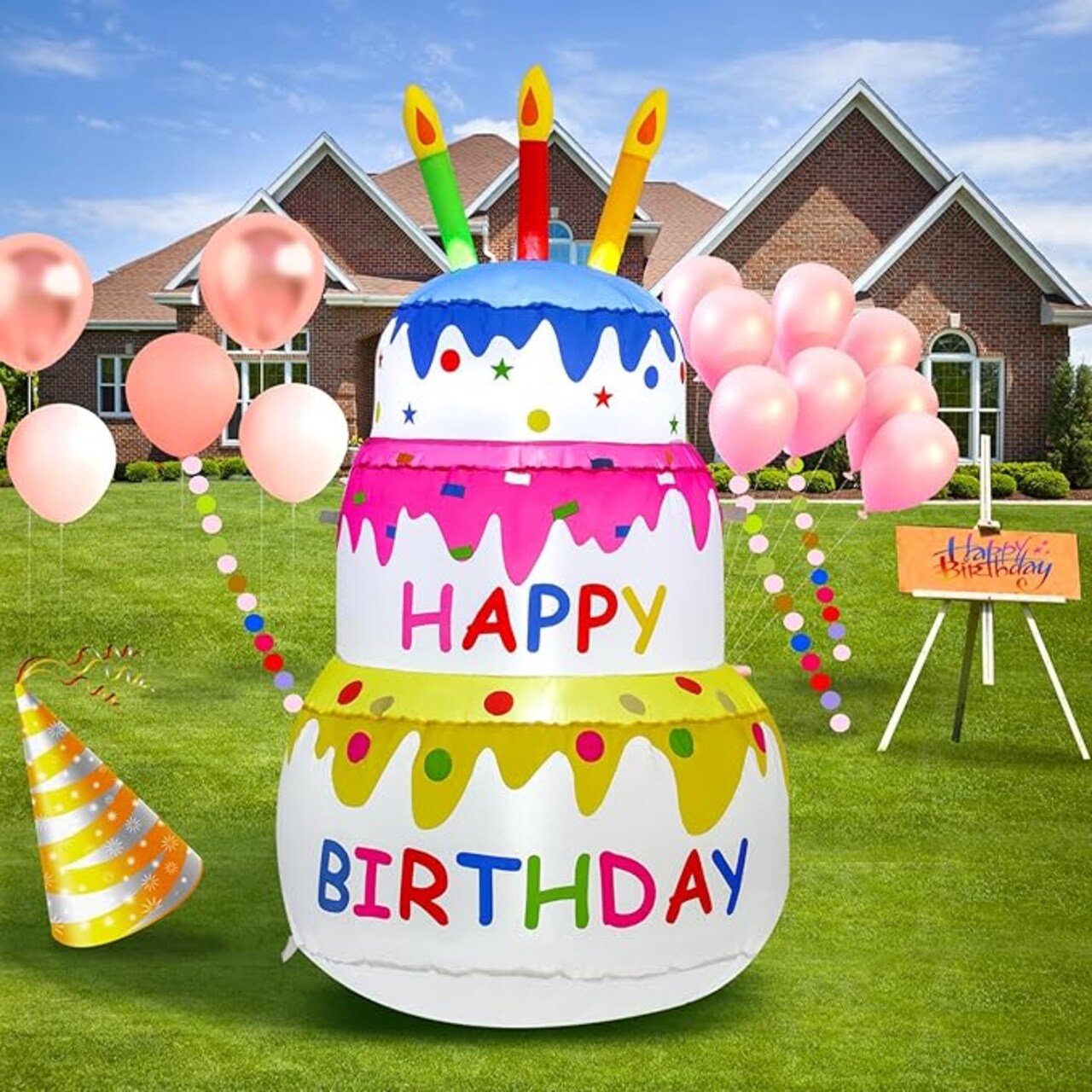 4FT Birthday Cake Party Outdoor Inflatable Decoration, Inflatable Decoration with LED Lights, Suitable for Gardens, Patios, and Lawns.
